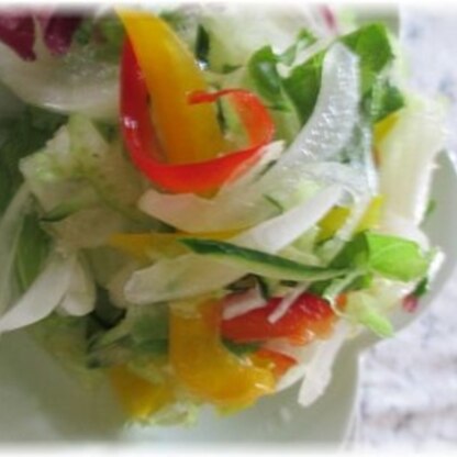 野菜サラダにかけて・・亜麻仁油とお醤油だけのシンプルが一番！　　お野菜を美味しくいただけますね♪　　身体に優しいのも嬉しいです＾＾*
